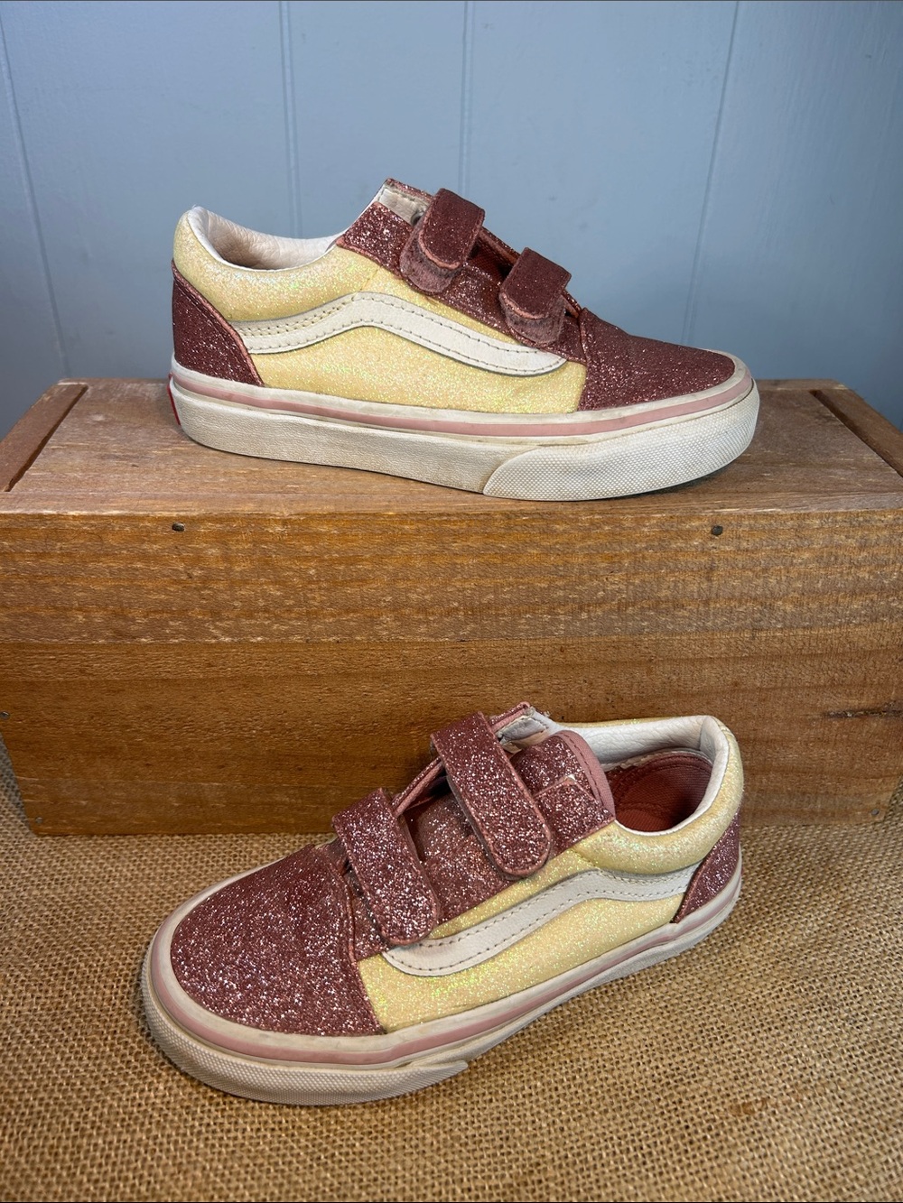 Vans Kids Glitter Velcro Sneakers in Pink and Yellow